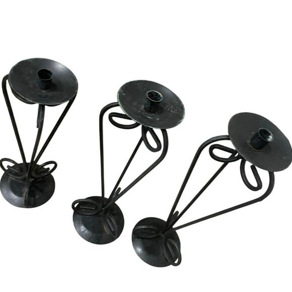 VINTAGE FRENCH COUNTRY PILAR CANDLE STICK DECOR SET OF 3 IRON BOHO GRUNGE - Picture 12 of 12